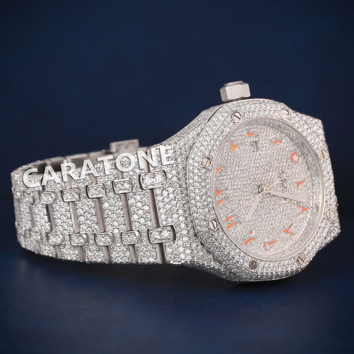Full iced out Hip hop branded watch with white tone and Orange Arabic numerals in it with Diamond tester passed