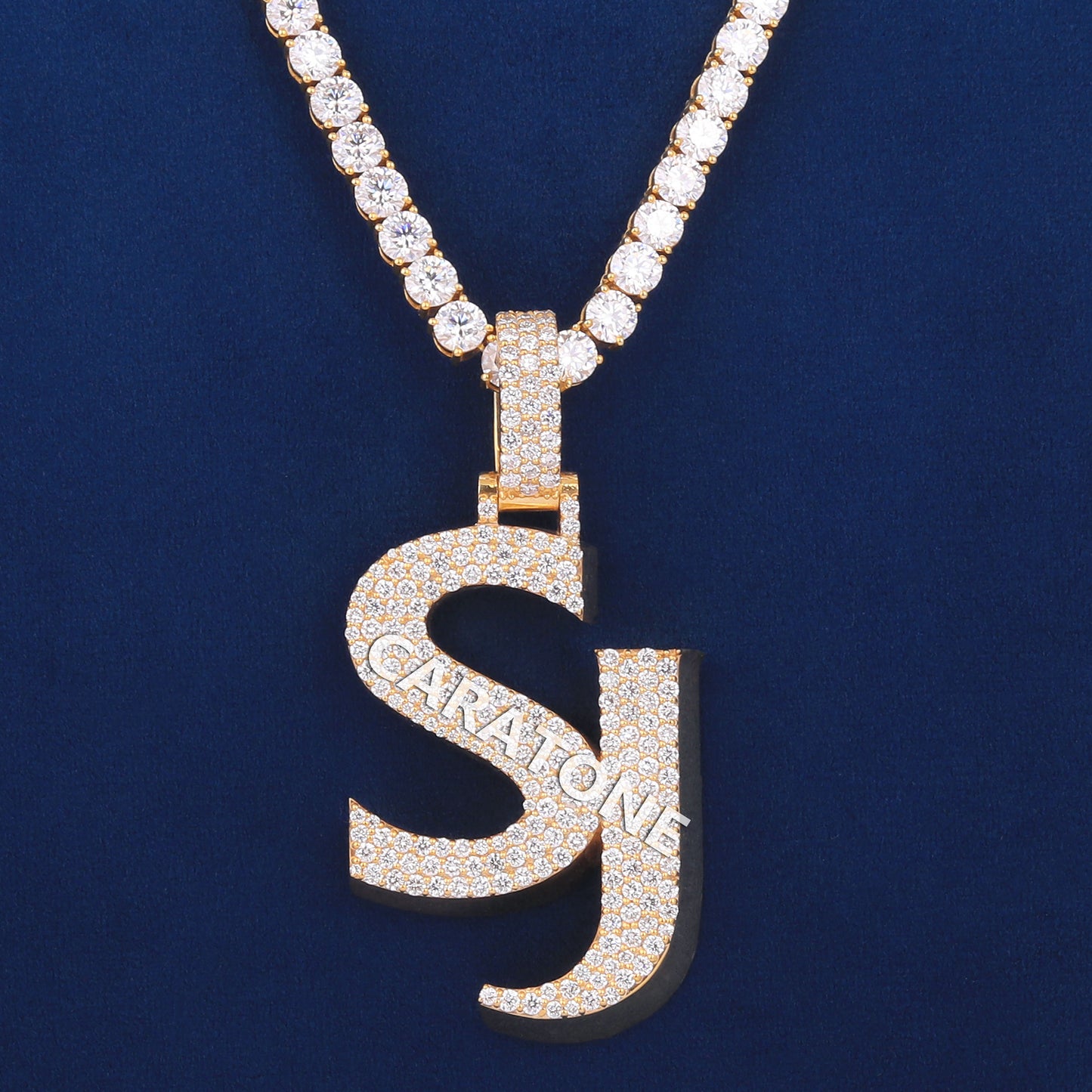 14kt Yellow Gold Chain Pendant Fully Iced Out Round Diamond Tennis Chain with Custom Initial Letter Pendant in Unique Diamond Chain Pendant Luxury Necklace