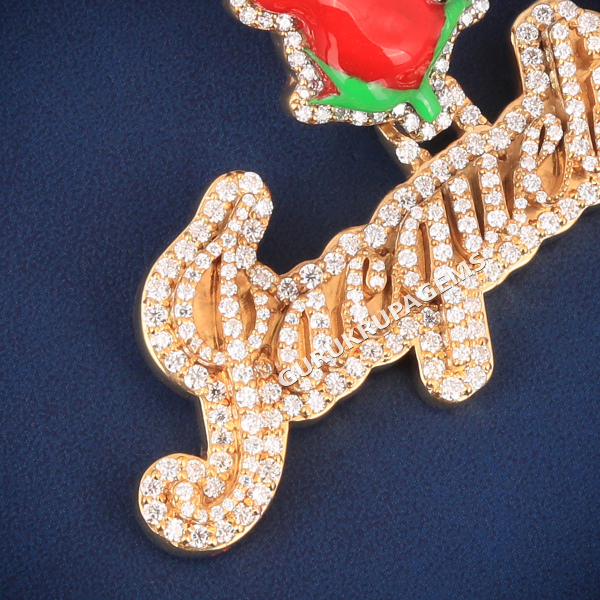 3D Jacqueline Diamond Name Pendant with Red Rose Bail