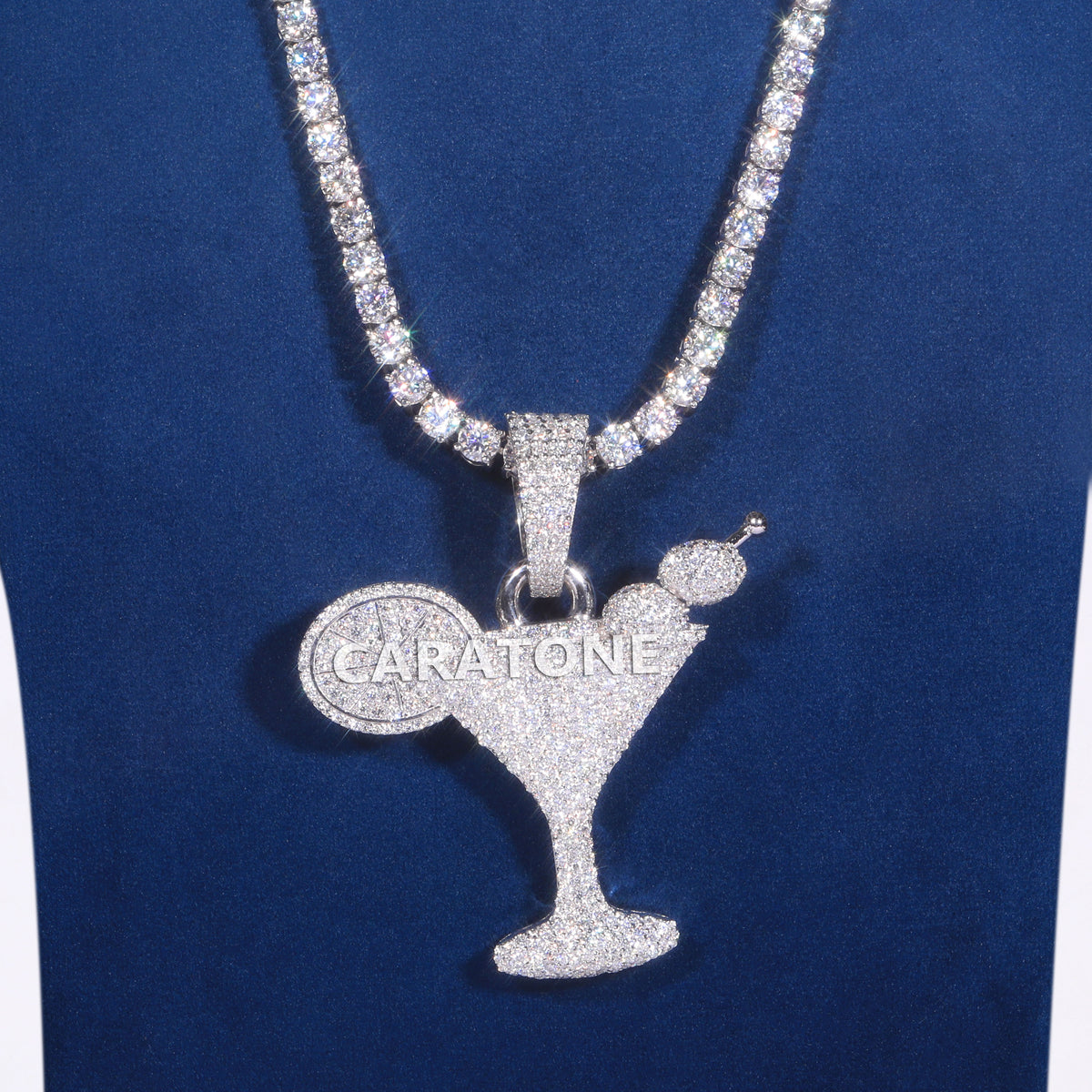 Luxury Diamond Tennis Chain with Cocktail Glass Pendant in White Gold, Iced Out Hip Hop Jewelry, Unique Designer Necklace for Men