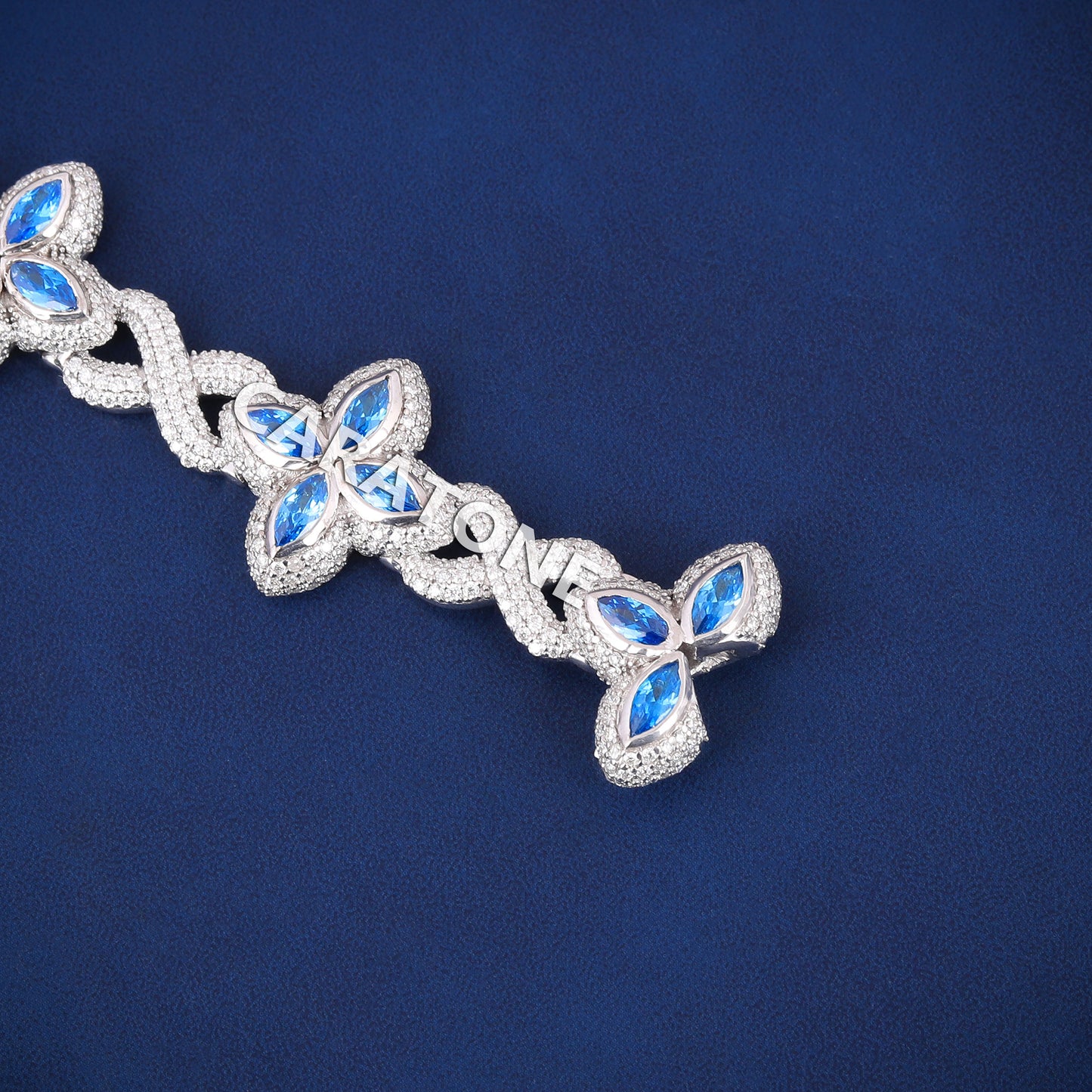 20mm Sterling Silver Blue Marquise and Round Diamonds with Four Leaf Clover Infinity Link Bracelet