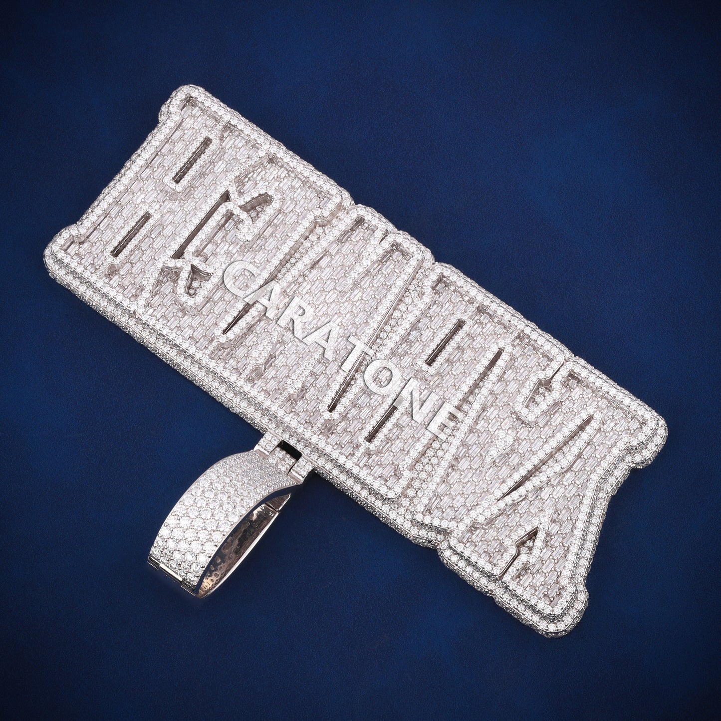 Big statement name pendant customized in 925 silver lab diamond