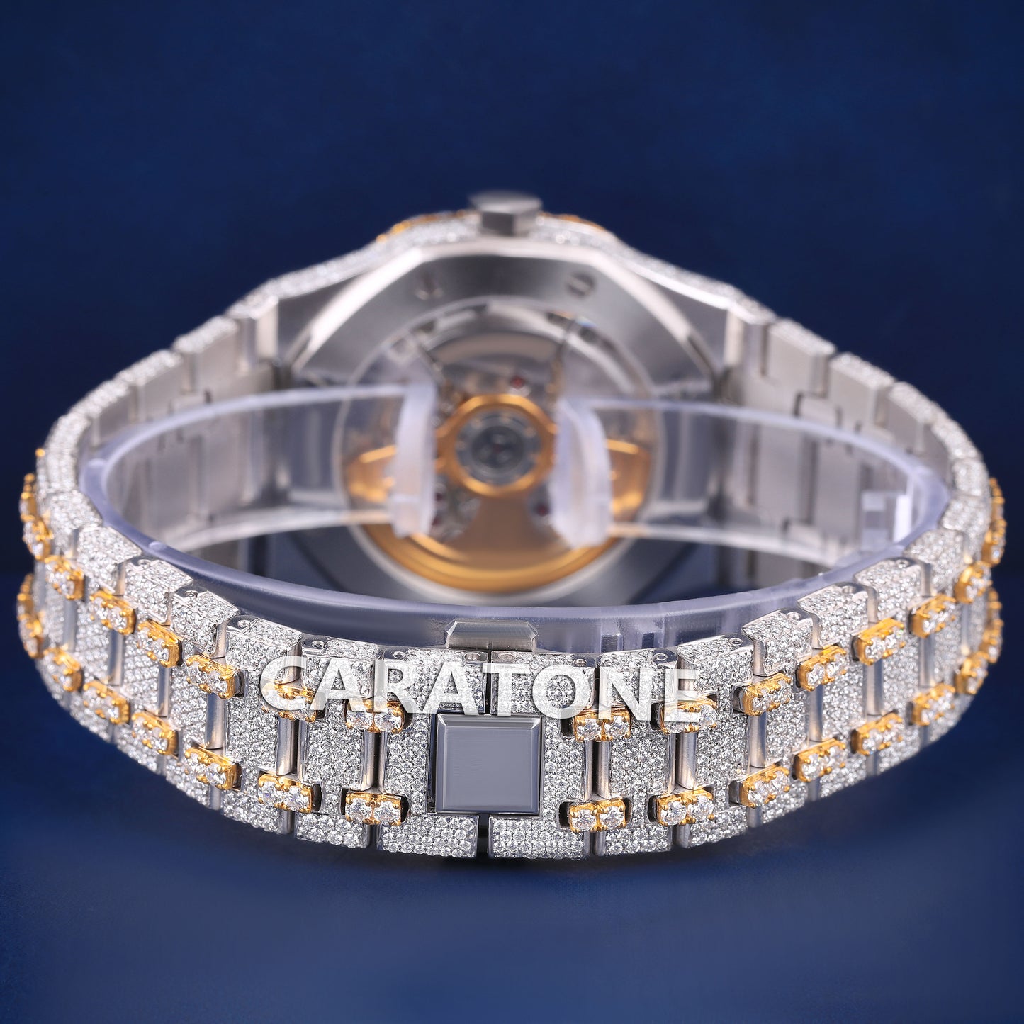 Mens Iced Out Watches Two Tone Silver Yellow Gold Plated Bust Down Moissanite Watch