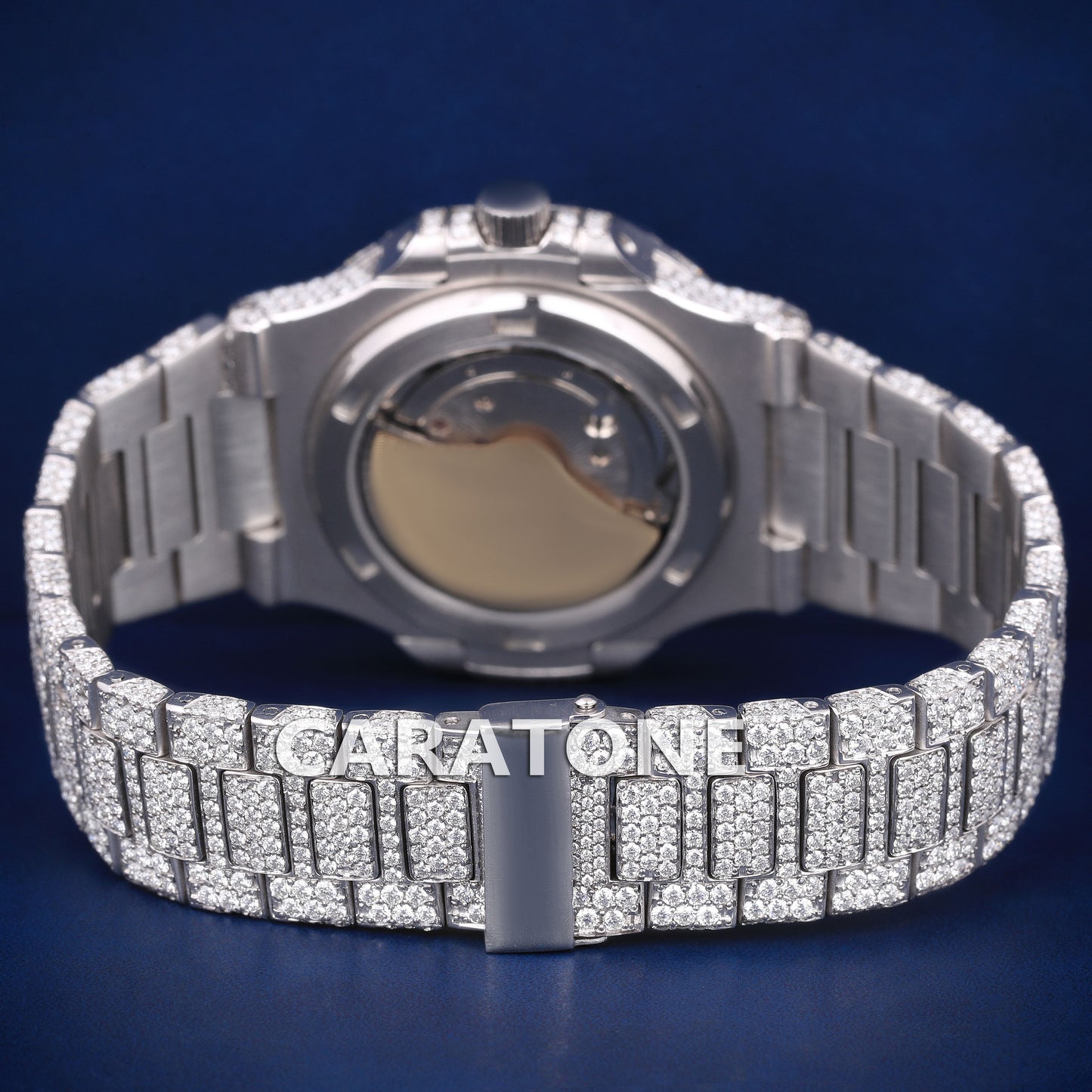 Full iced out hip hop custom made branded watch in white tone with D VVS clarity