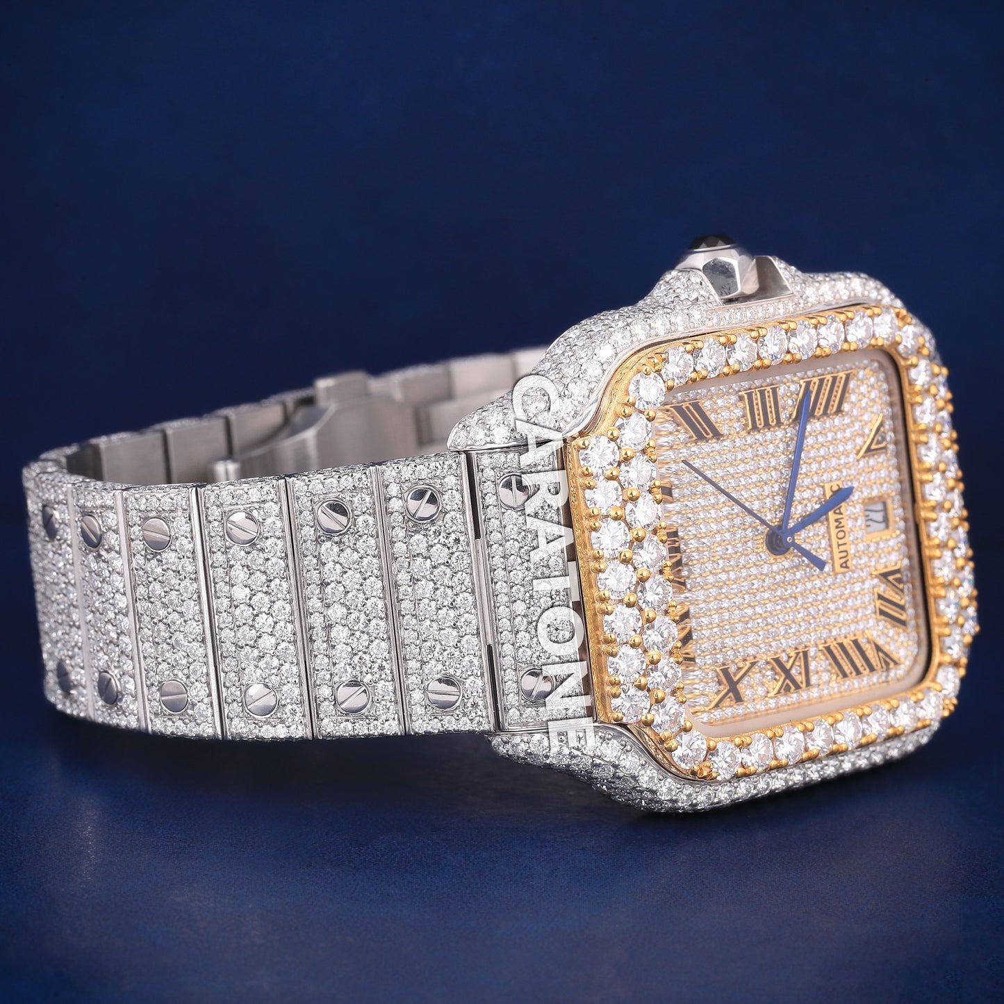 Full iced out hip hop branded watch with roman numerals in it with diamond tester passed