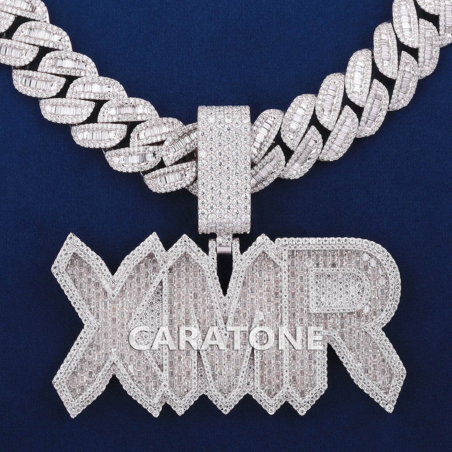 Full Iced Letter Pendant With Chain In 925 Sterling Silver With Lab Diamond