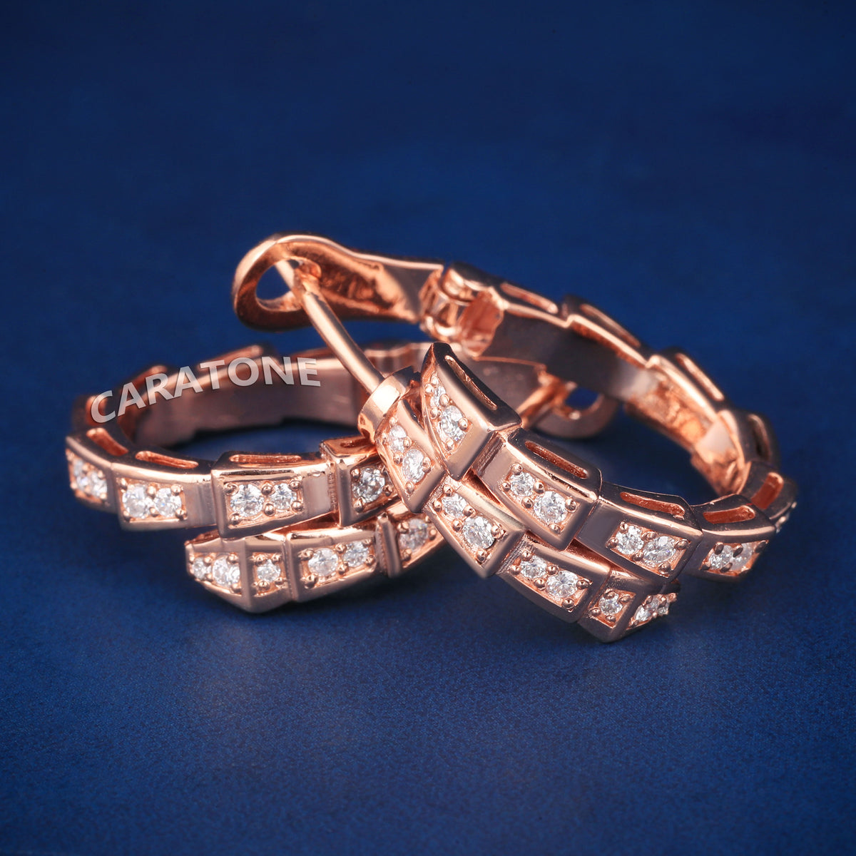 Rose Gold Diamond Geometric Hoop Earrings – Double Row Square Link Design