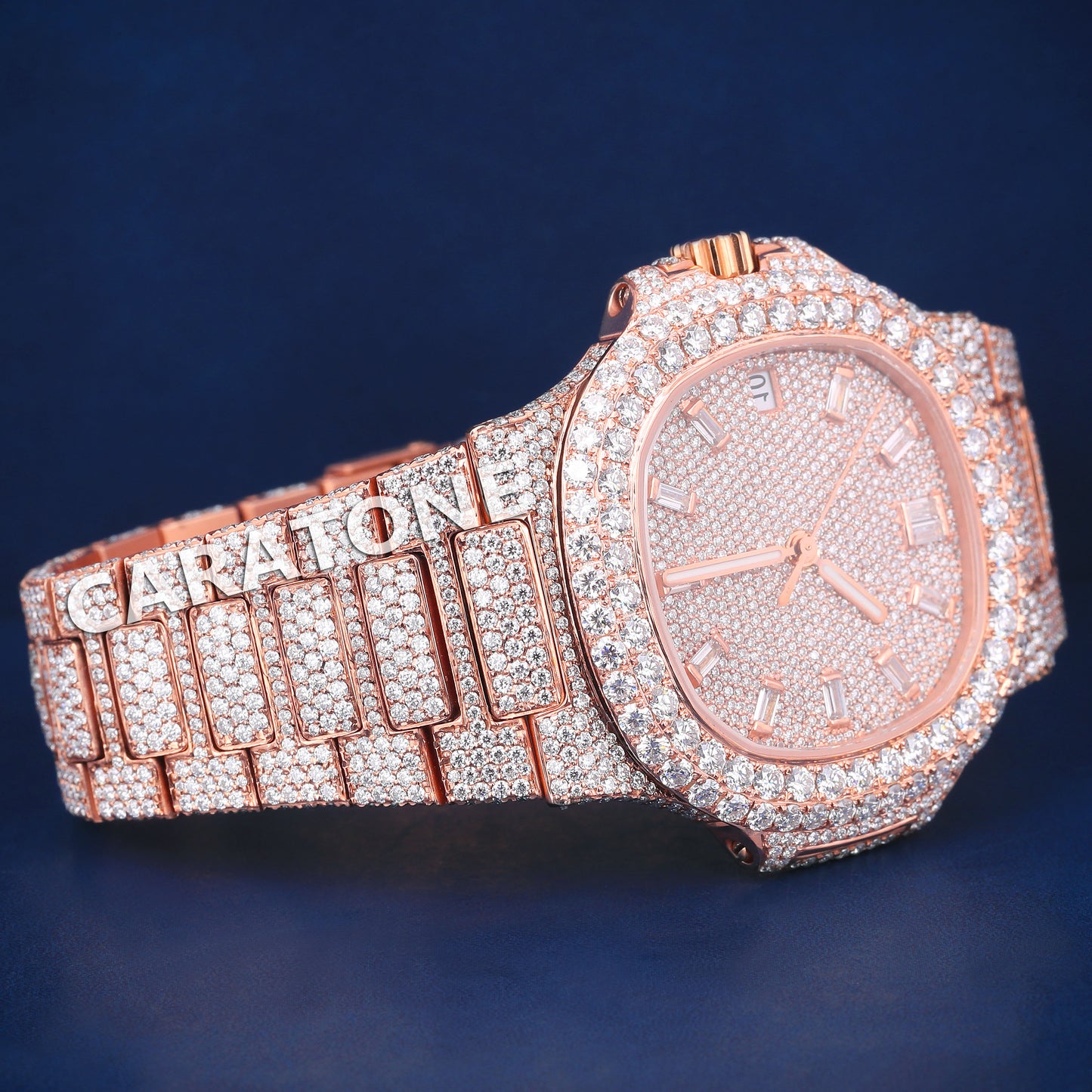 Full iced out hip hop branded watch in rose gold tone with diamond tester passed