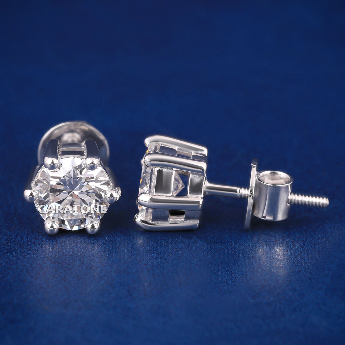 Six-Prong Round Diamond Stud Earrings in White Gold Finish