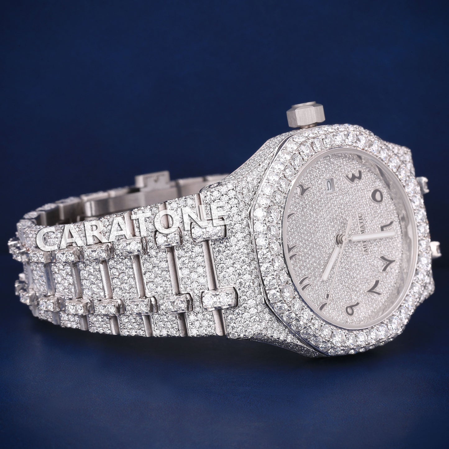 Full iced out hip hop branded watch in white tone with black arabic numerals and diamond tester passed