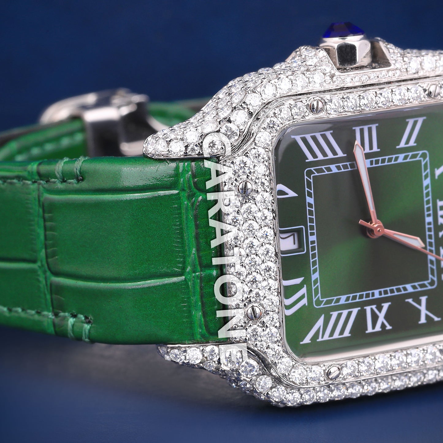 Luxury Mens Watches Rappers Iced Out Watch on Wrist Green Leather Strap Green Dial Watches for Mens in Fully Customized