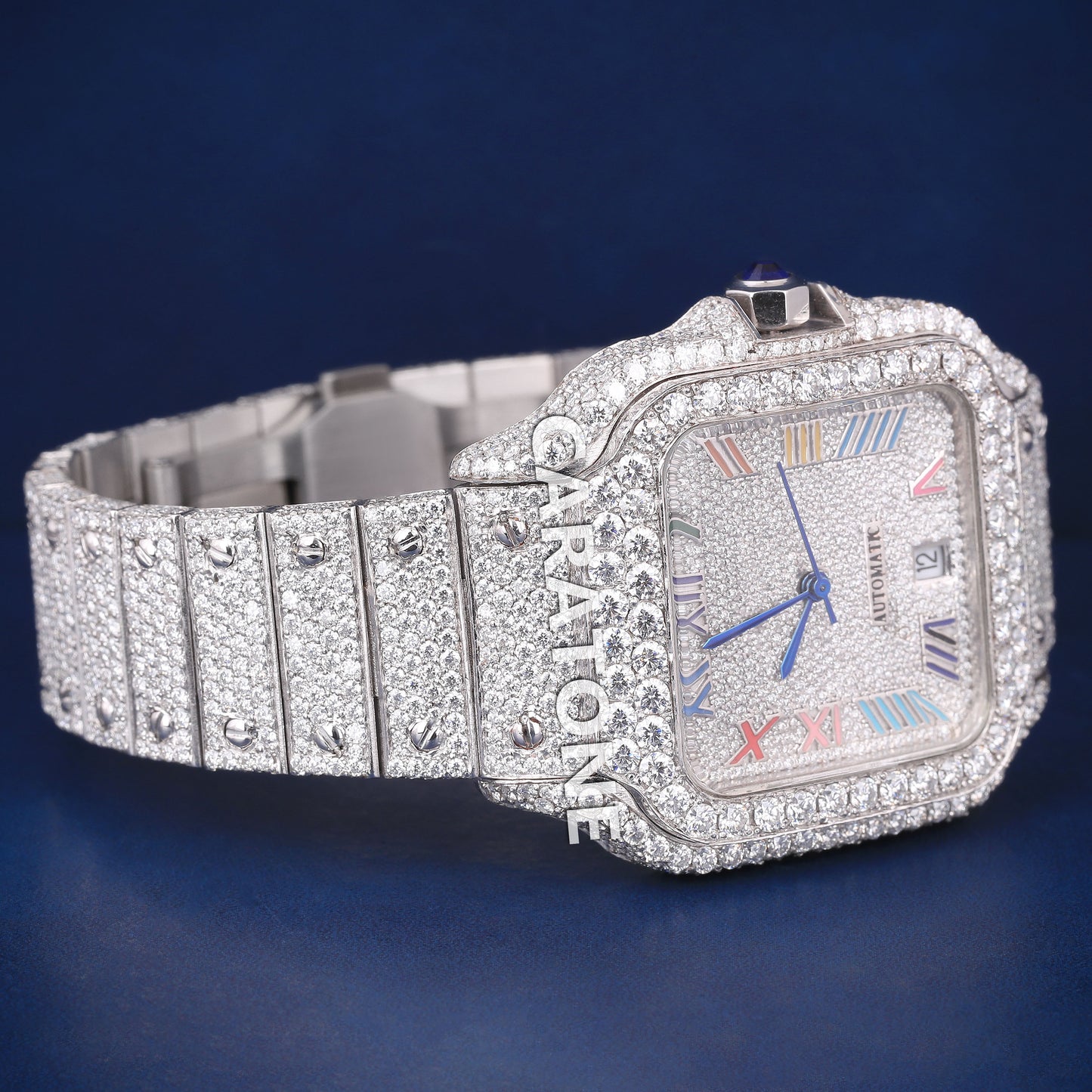 Hip hop full iced out branded watch in white tone with D VVS clarity and colourful roman numerals