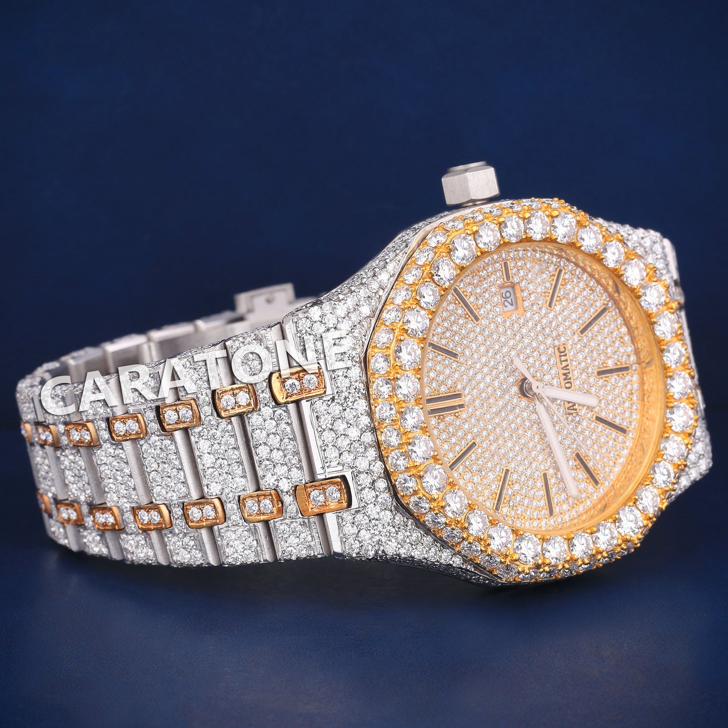 Full iced out hip hop branded watch in two tone and it is of D VVS clarity