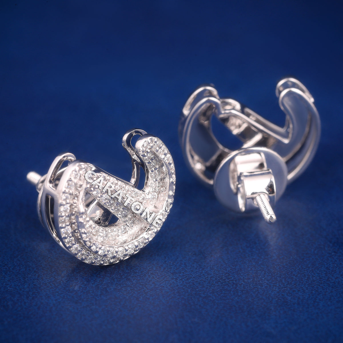 Custom Double-Layer Horseshoe Diamond Stud Earrings in White Gold Finish