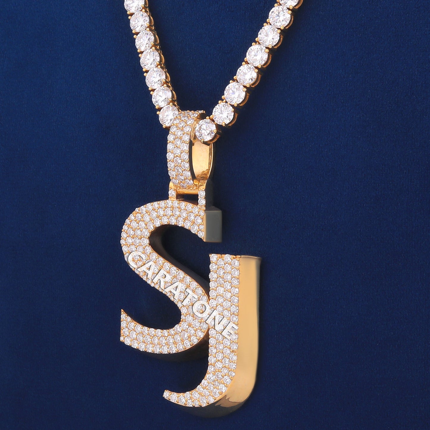 14kt Yellow Gold Chain Pendant Fully Iced Out Round Diamond Tennis Chain with Custom Initial Letter Pendant in Unique Diamond Chain Pendant Luxury Necklace