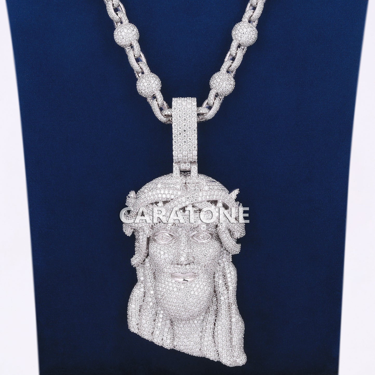 Lab Diamond Ball With Link Style Chain And Jesus Pendant In 925 Sterling Silver