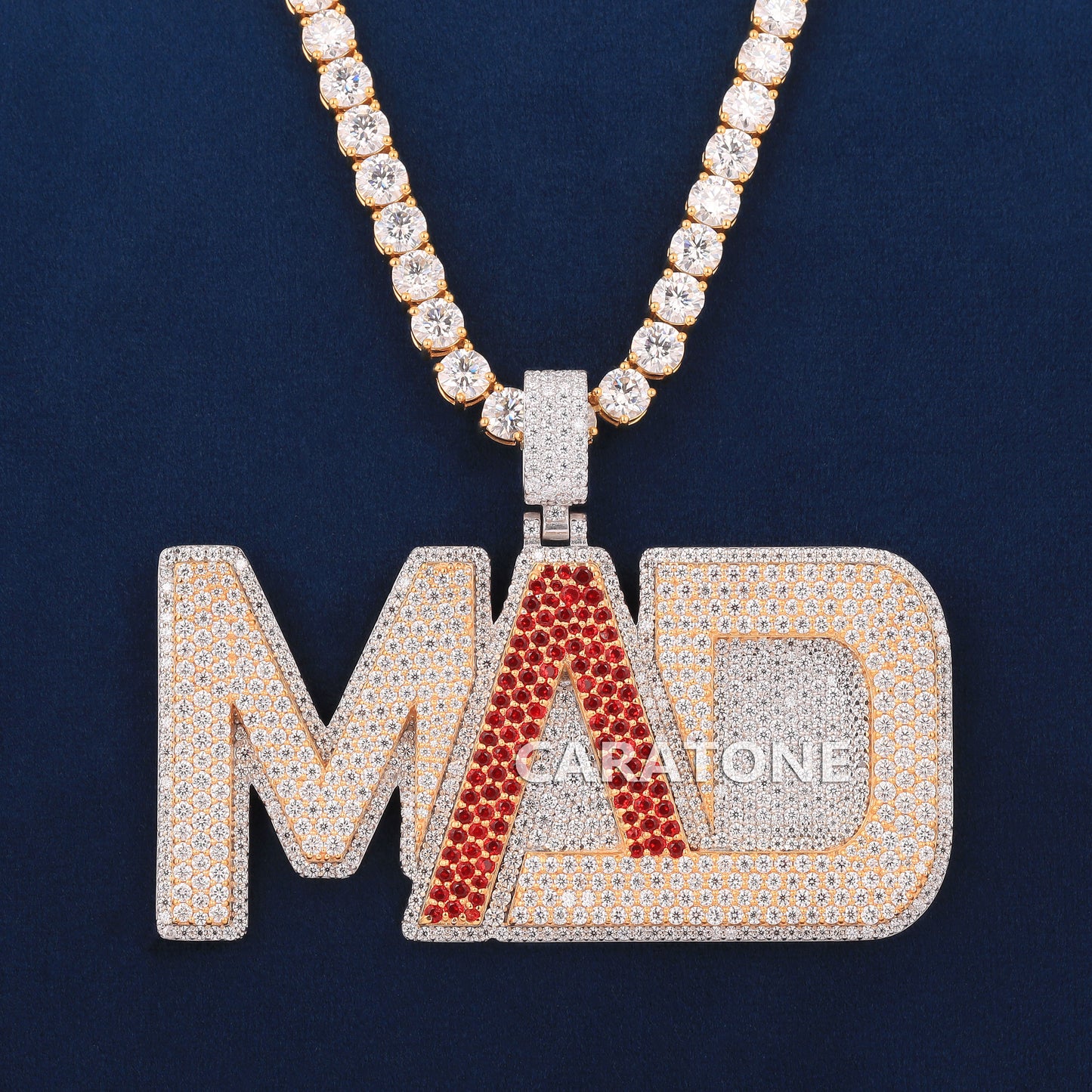 Unique Two Tone Full Iced Pendant With Lab Diamond Tennis Necklace