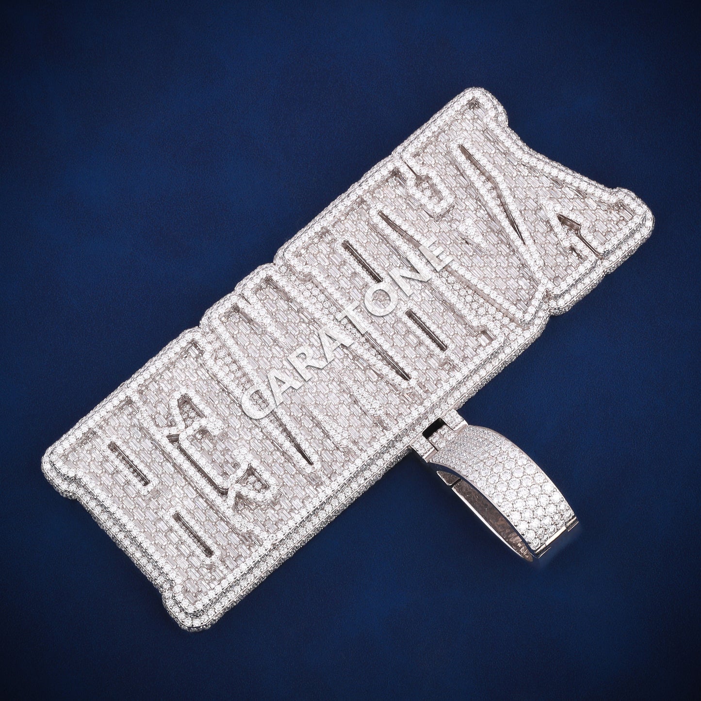 Big statement name pendant customized in 925 silver lab diamond