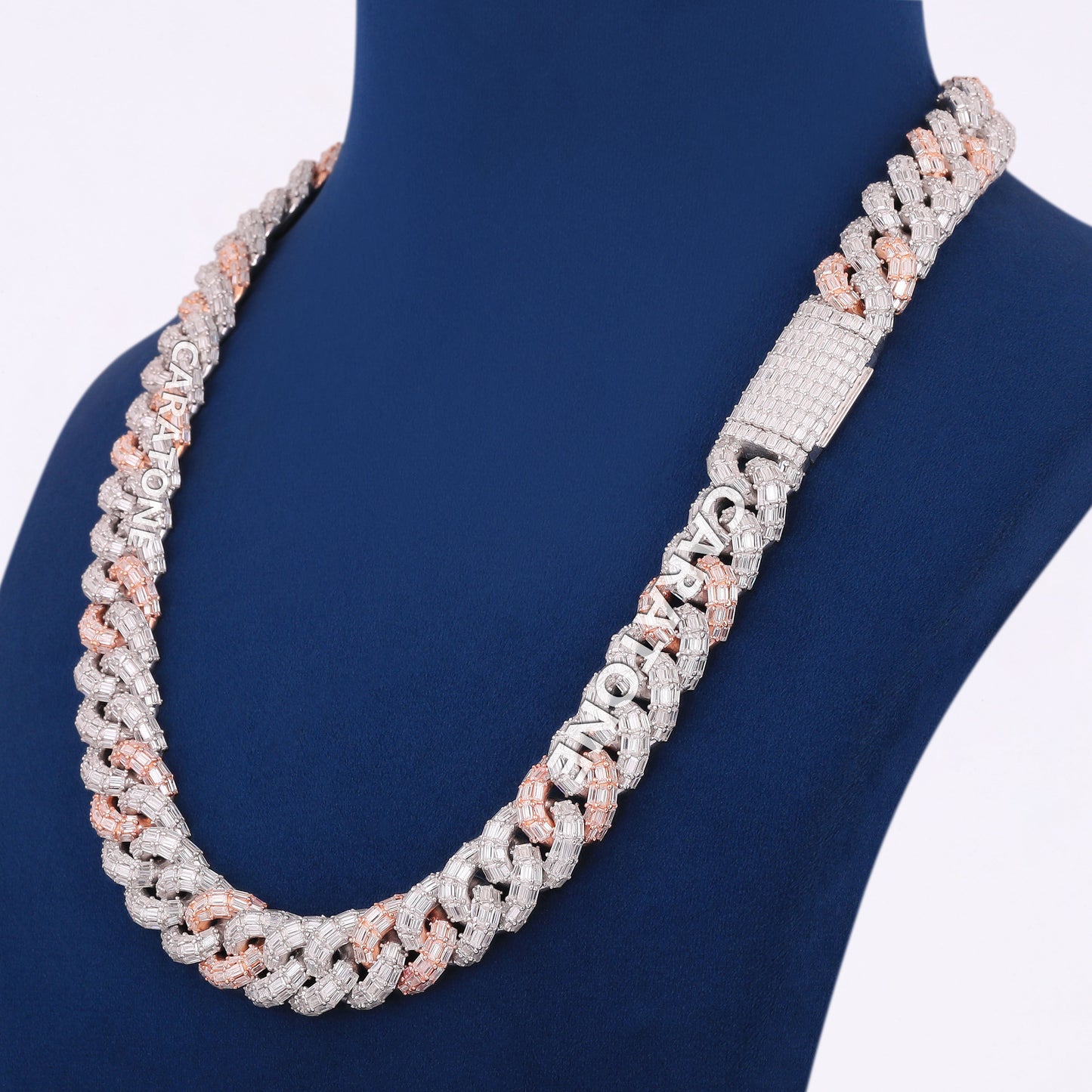 22 inch 15mm Fully Iced New Baguette Figaro Link Chain with Two Tone Silver & Rose Gold Rappers Iced Out Chains in Mens Custom HipHop Chain