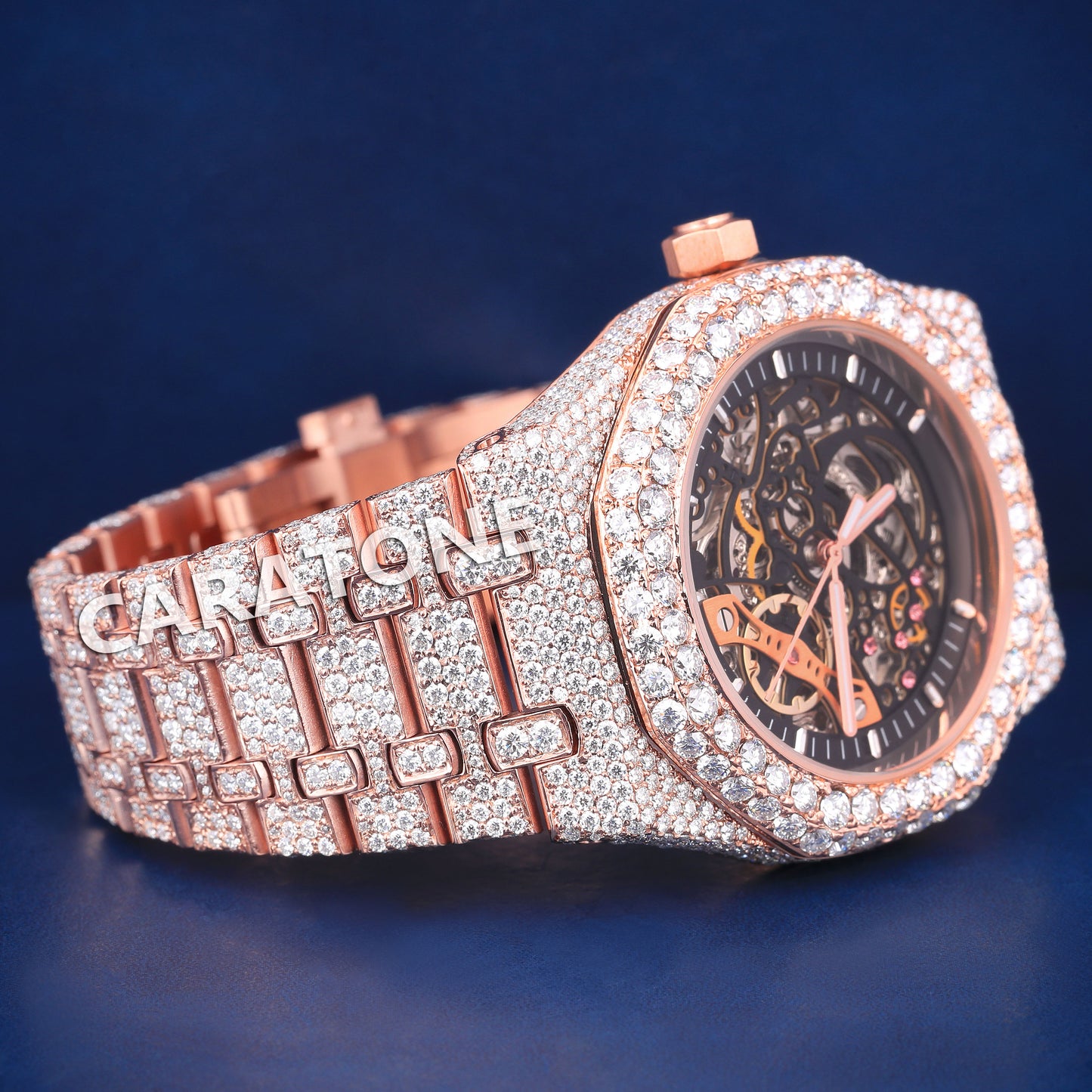 Full iced out without dial hip hop branded watch in rose gold tone with D VVS clarity