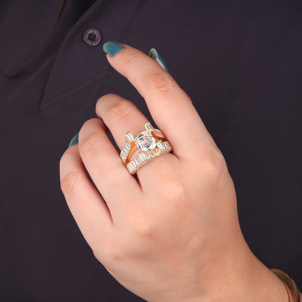 Premium Emerald Cut Solitaire Ring With Baguette Side Stones And Yellow Gold Setting