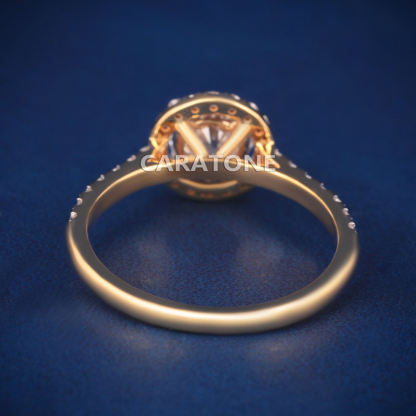 Halo Style Round Diamond Engagement Ring with Pavé Band in 14K Yellow Gold