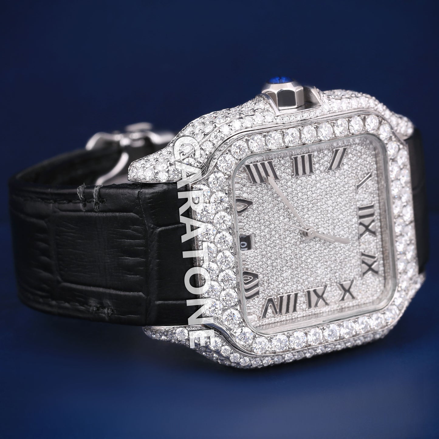 Mens Black Leather Belt Watch Fully Iced Out Silver Diamond Dial with Roman Numeral VVS Hiphop Watch