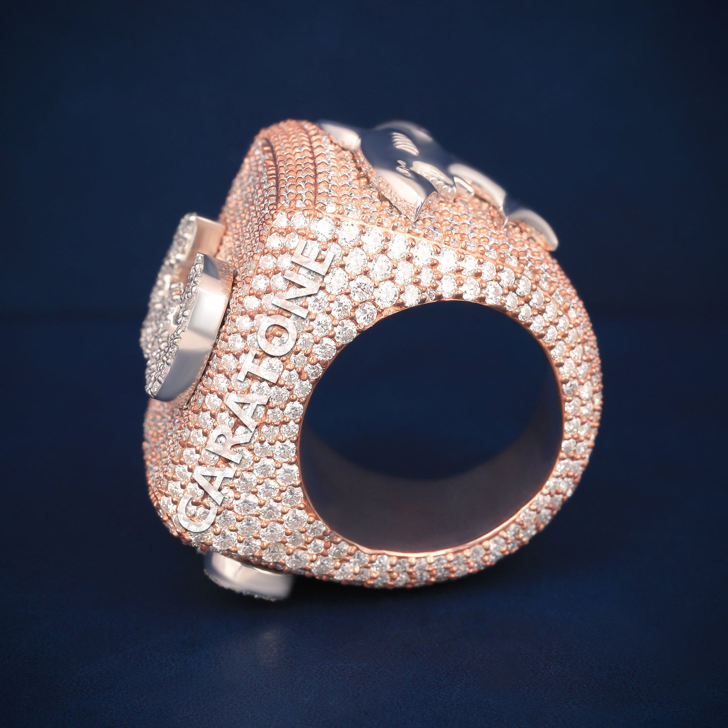 Fully Iced Out Chunky Square Diamond Ring in Rose & White Gold Drip