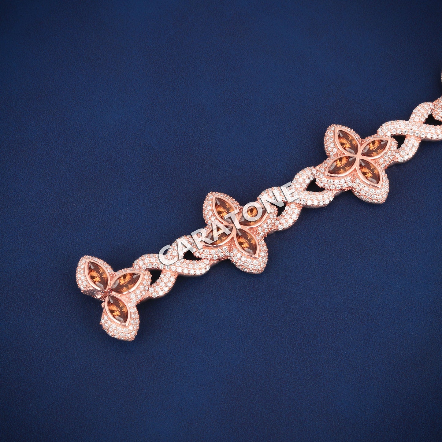 8.5 Inch 9mm Rose Gold Diamond Clover Bracelet Fully Iced Out Lucky Charm and Exclusive Hip Hop Style