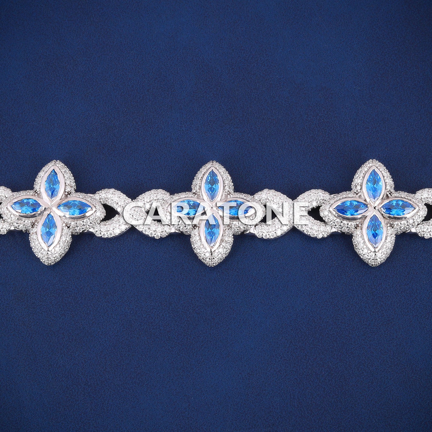 20mm Sterling Silver Blue Marquise and Round Diamonds with Four Leaf Clover Infinity Link Bracelet