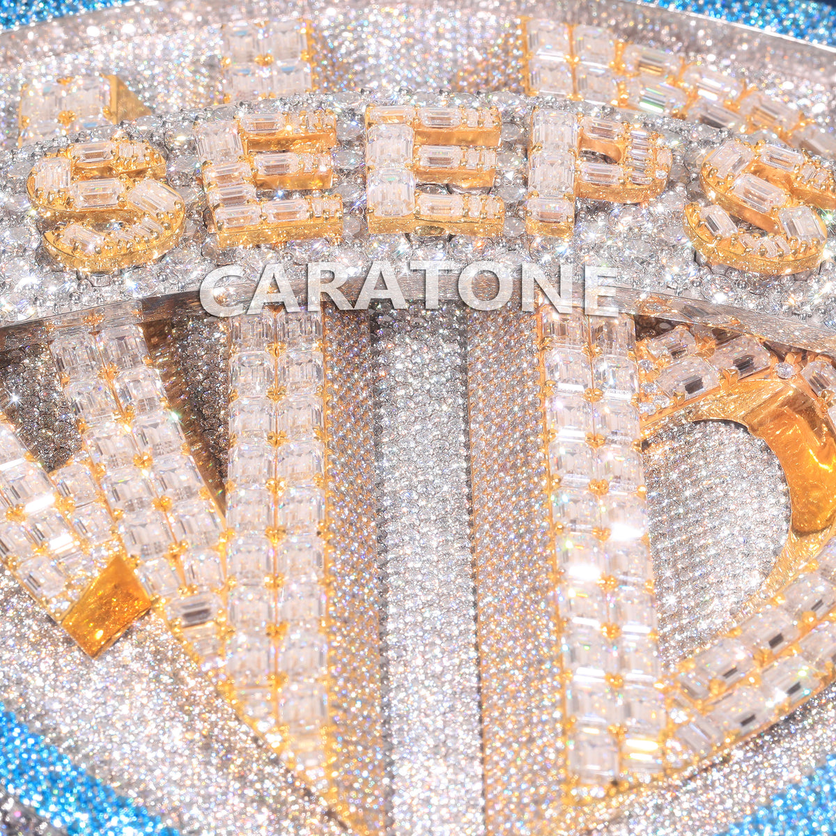 Premium Custom Shield Pendant With Blue & White Labgrown Diamond White Pave Setting And Rose Gold Letter Design