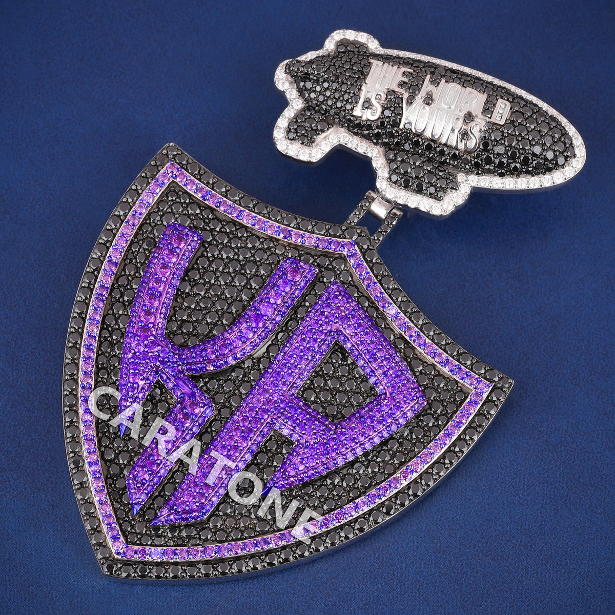 High Quality Luxury Custom Letter Pendant With Black And Purple Labgrown Diamond, Exclusive Shield Design And Stylish Hip Hop Look