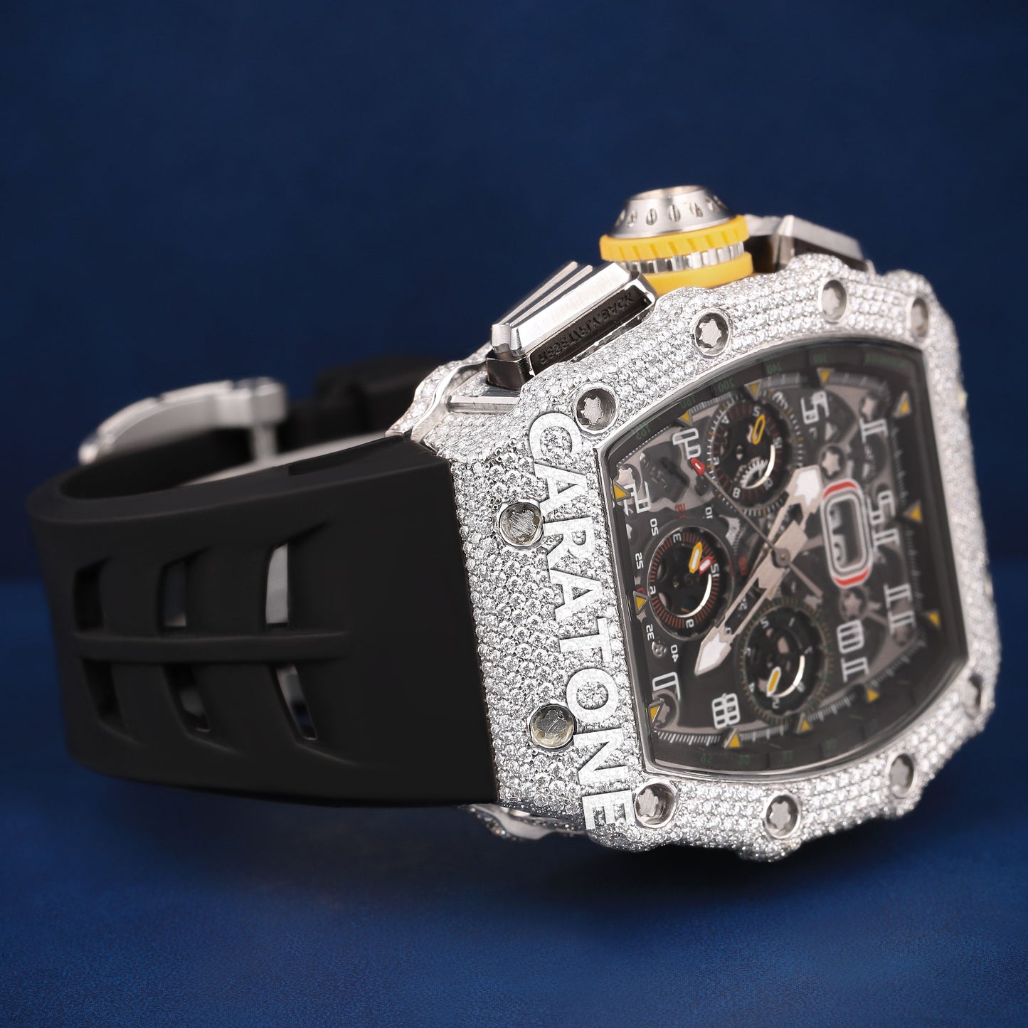 Black band half iced out without dial branded watch