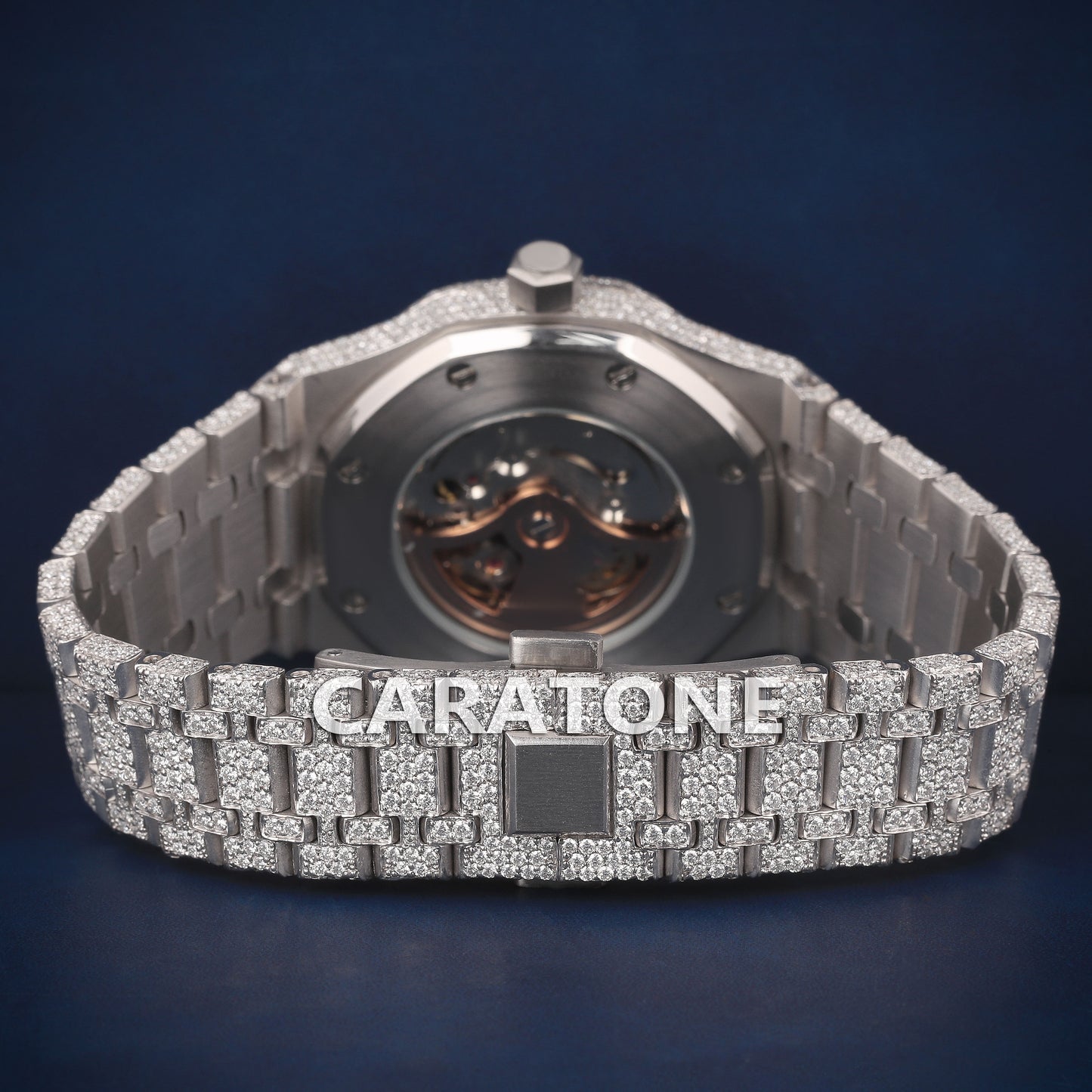 Full iced out Hip hop branded watch with white tone and Orange Arabic numerals in it with Diamond tester passed