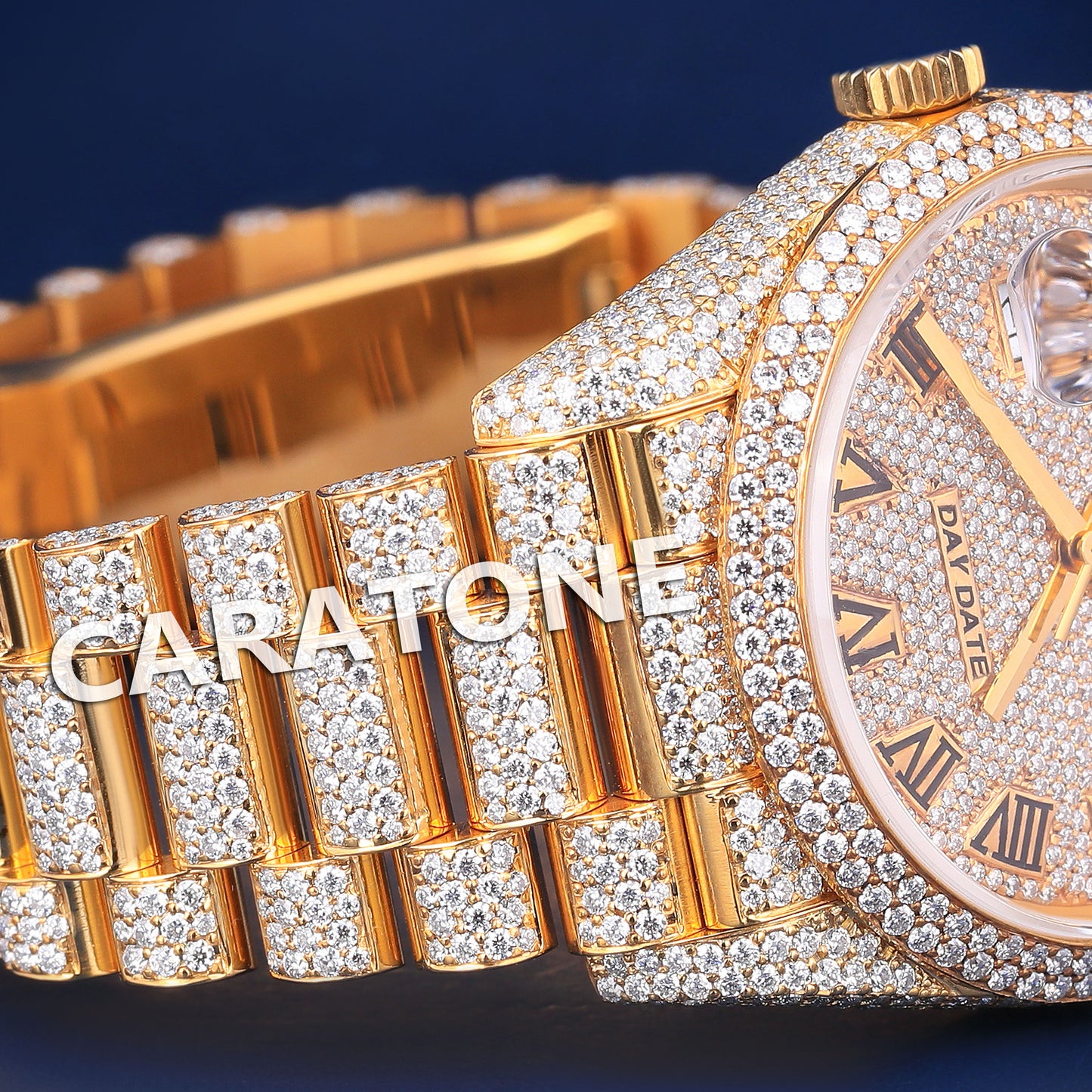41mm Yellow Roman Dial Day Date Fully Iced Out Presidential Watch in Custom VVS Diamond Watch Richest Rapper Watches with Real Diamonds