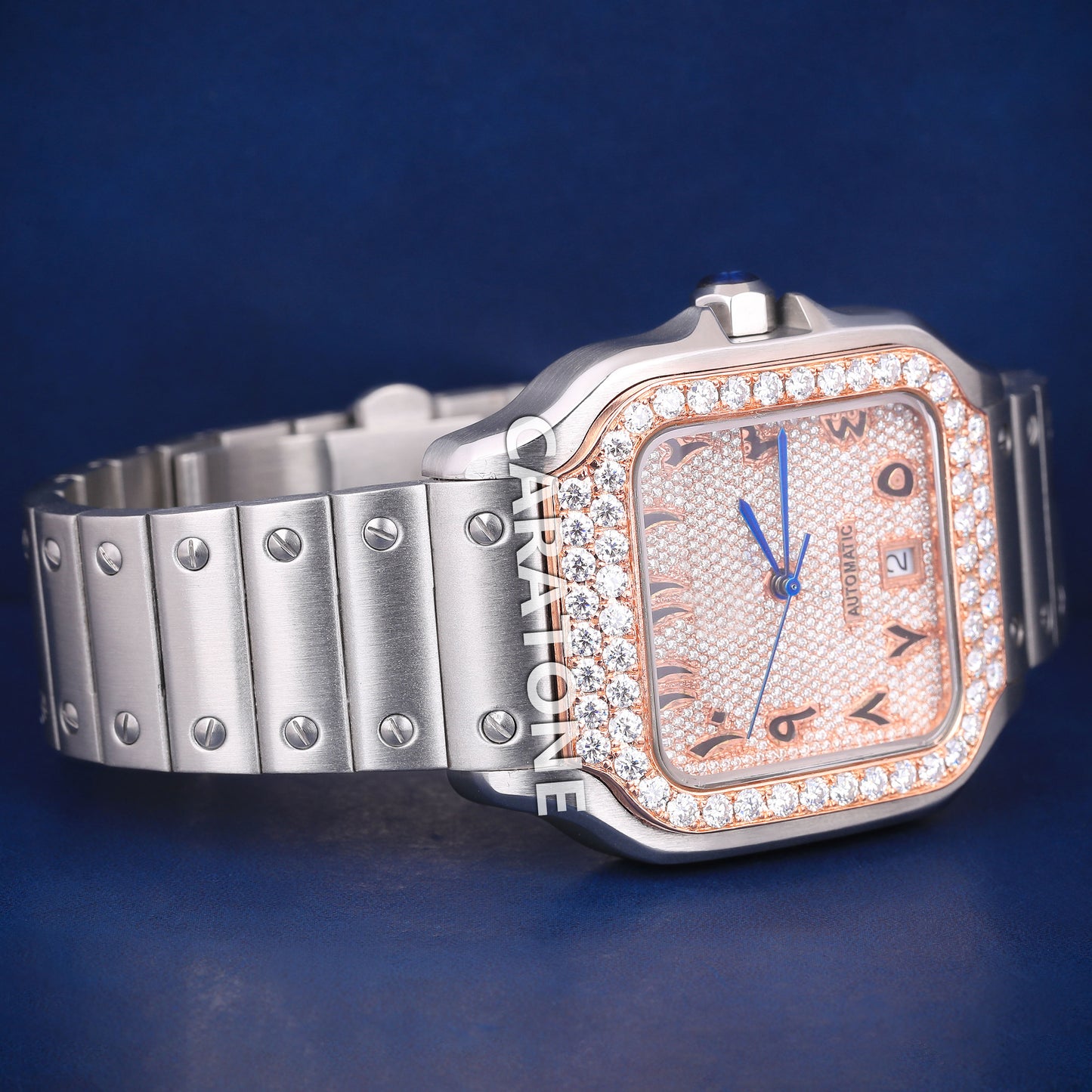 Half iced out hip hop branded watch with black arabic numerals in it with diamond tester passed