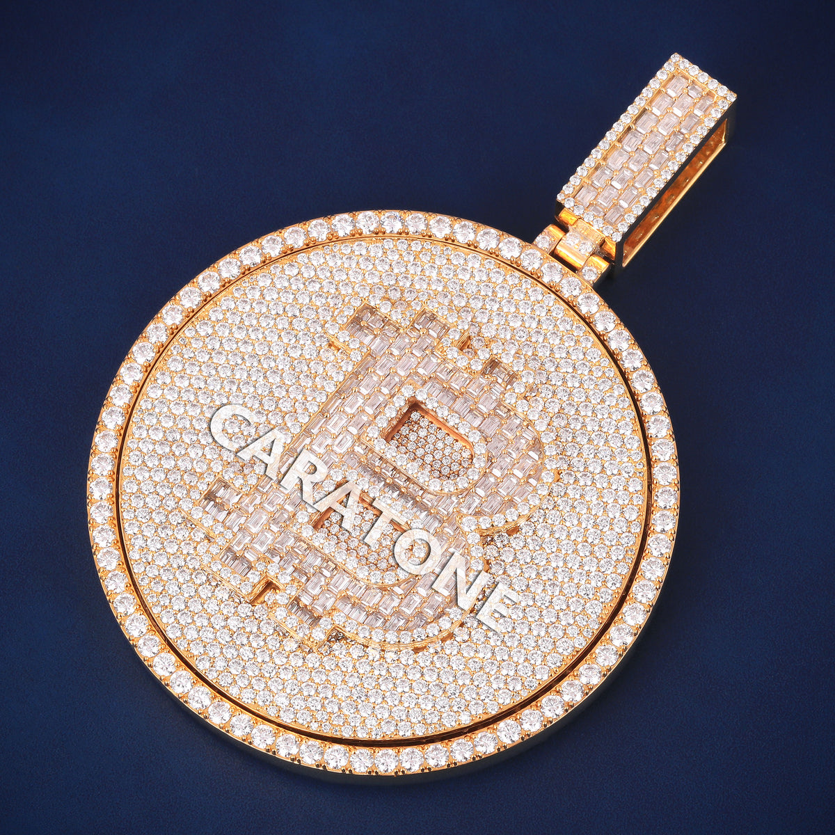 Custom Iced Out Bitcoin Coin Hip Hop Pendant in Yellow Gold with Lab Grown Diamonds