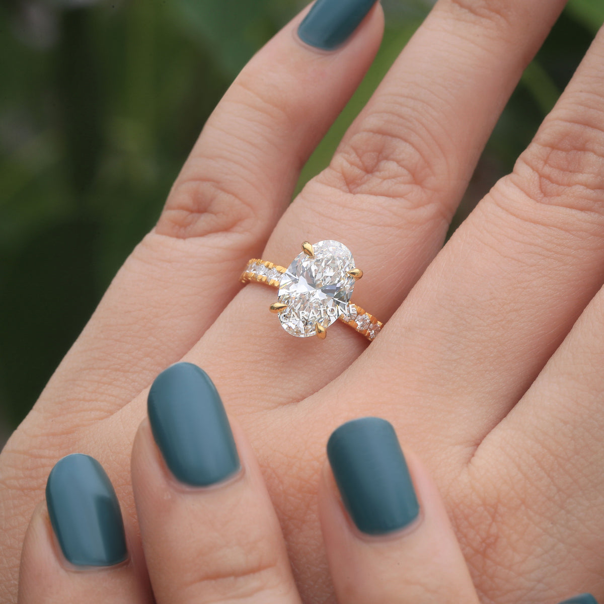 Premium Oval Cut Solitaire Engagement Ring With Brilliant White Center Stone, Sparkling Pave Set Side Stones, Elegant Yellow Gold Tone Band And  Jewelry For Women
