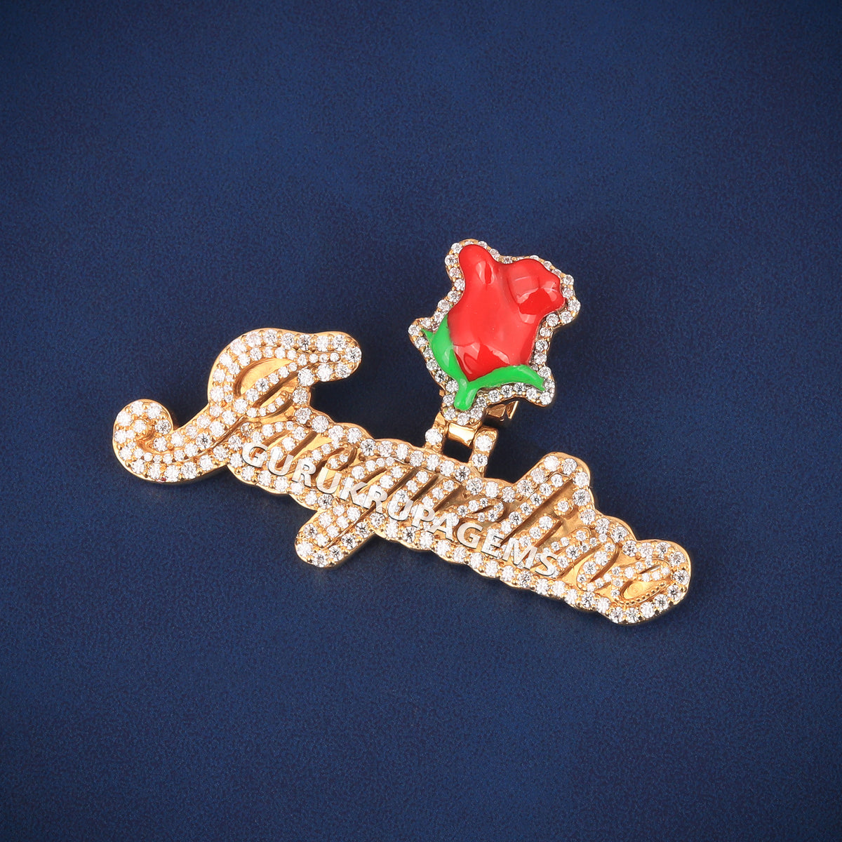 3D Jacqueline Diamond Name Pendant with Red Rose Bail