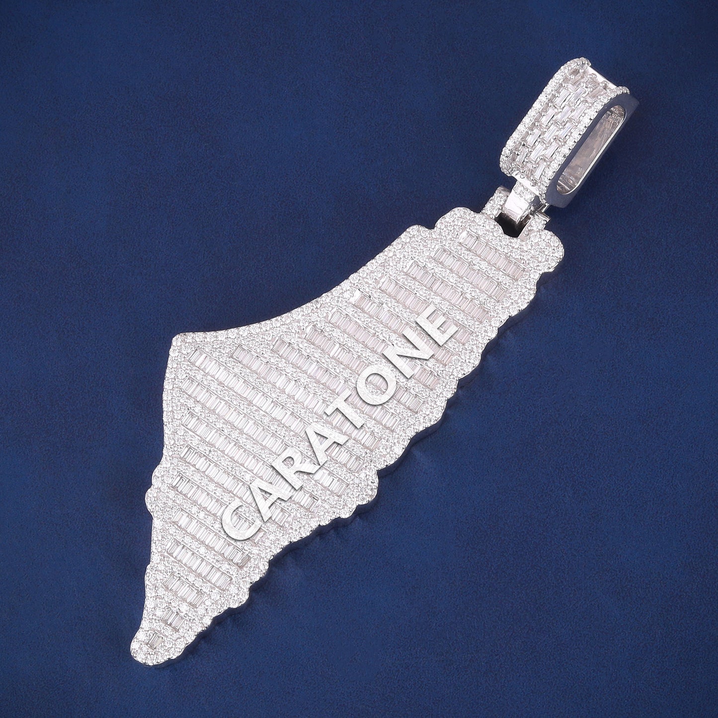 Real 925 Sterling Silver Palestine Map Pendant Necklace in Fully White Iced Out Baguette Diamond Mens Custom Silver Pendants