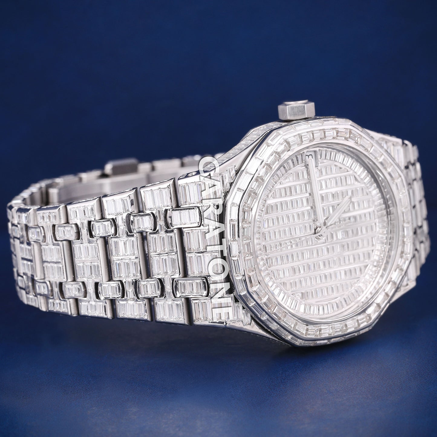 Full iced out Hip hop branded watch with full of baguette diamond in white tone and with D VVS clarity