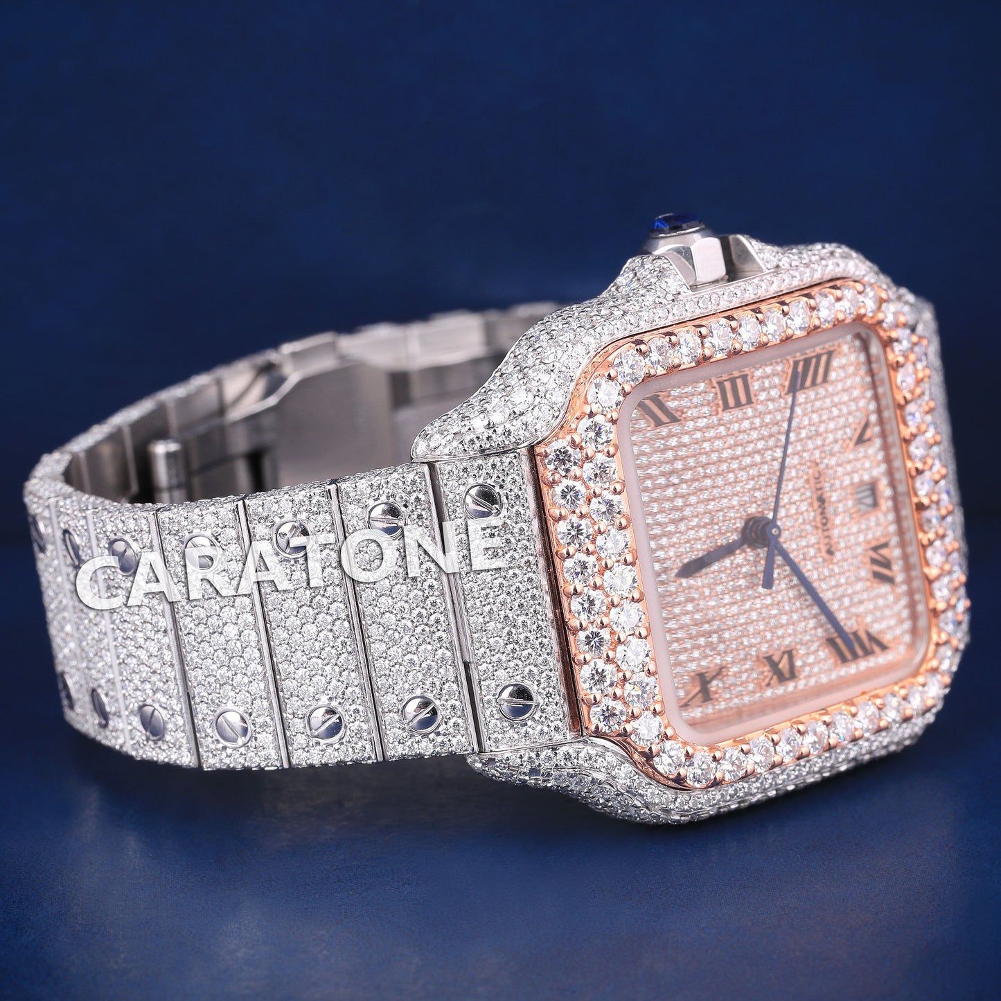 Full iced out hip hop branded watch in two tone with black roman in dial with D VVS clarity