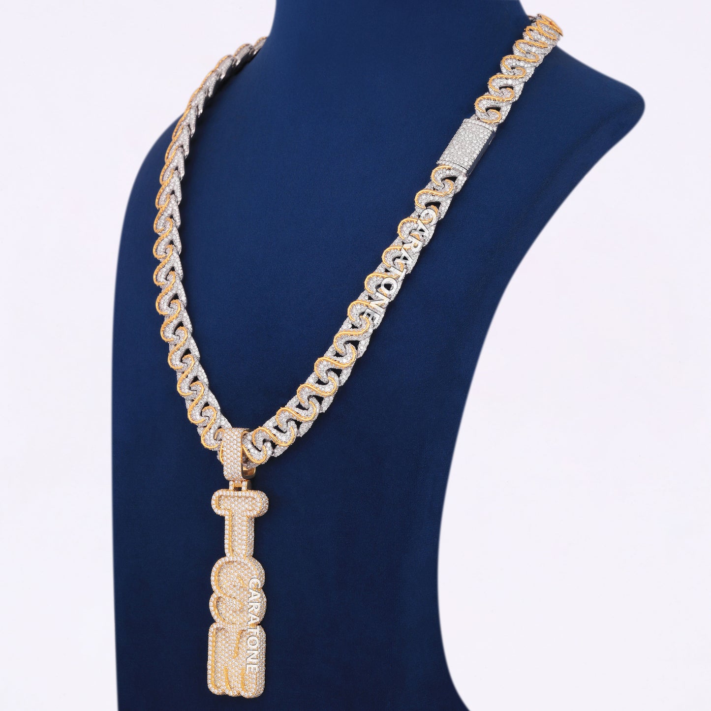 14k Iced Out Diamond White and Yellow Gold Chain Necklace with Vertical Custom Letter Pendant in Luxury VVS Diamond Chain Pendant