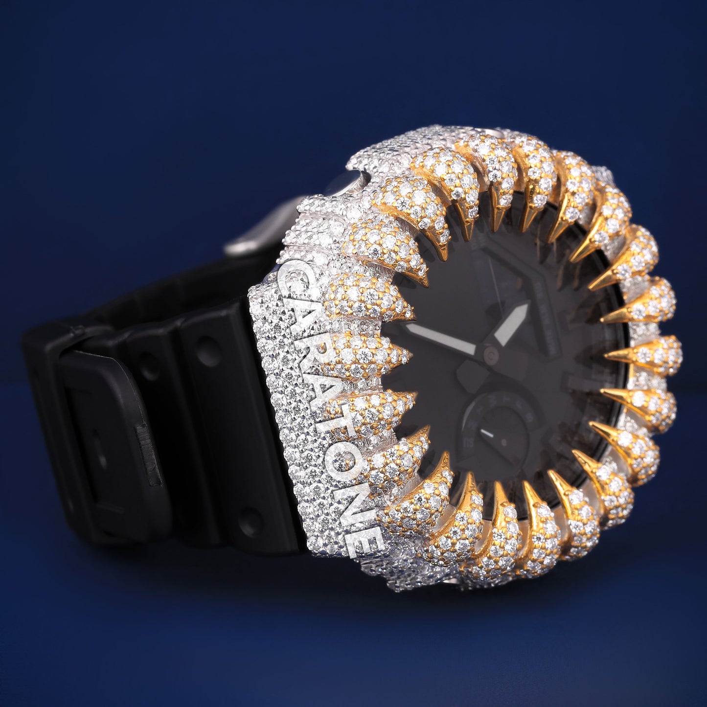 Custom Iced Out Black Analog Digital Spiked Bezel Fully Yellow Diamond Watches