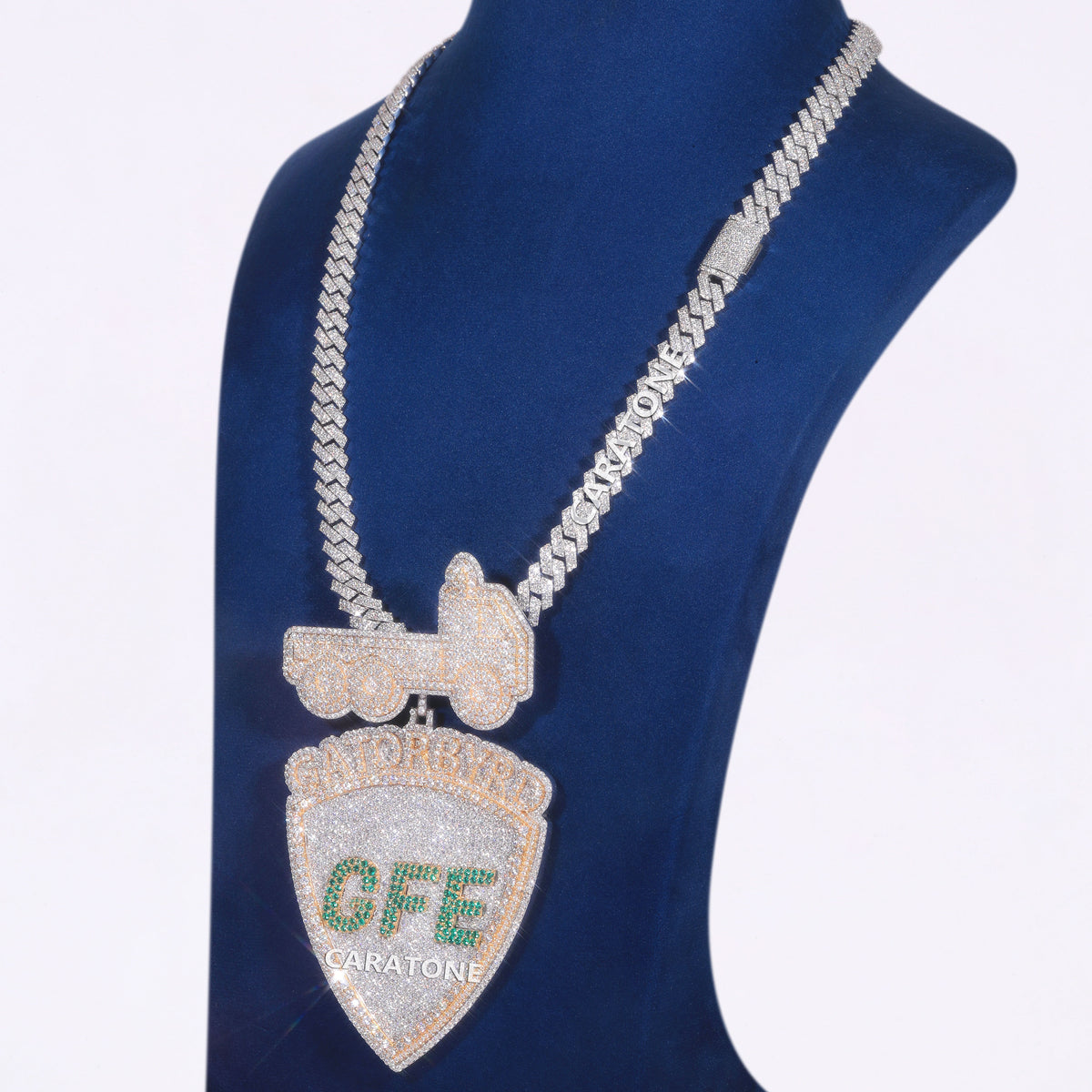 Luxury Custom GFE Shield Pendant with Fully Iced Out Lab Grown Diamonds and White Gold Plated Cuban Link Chain