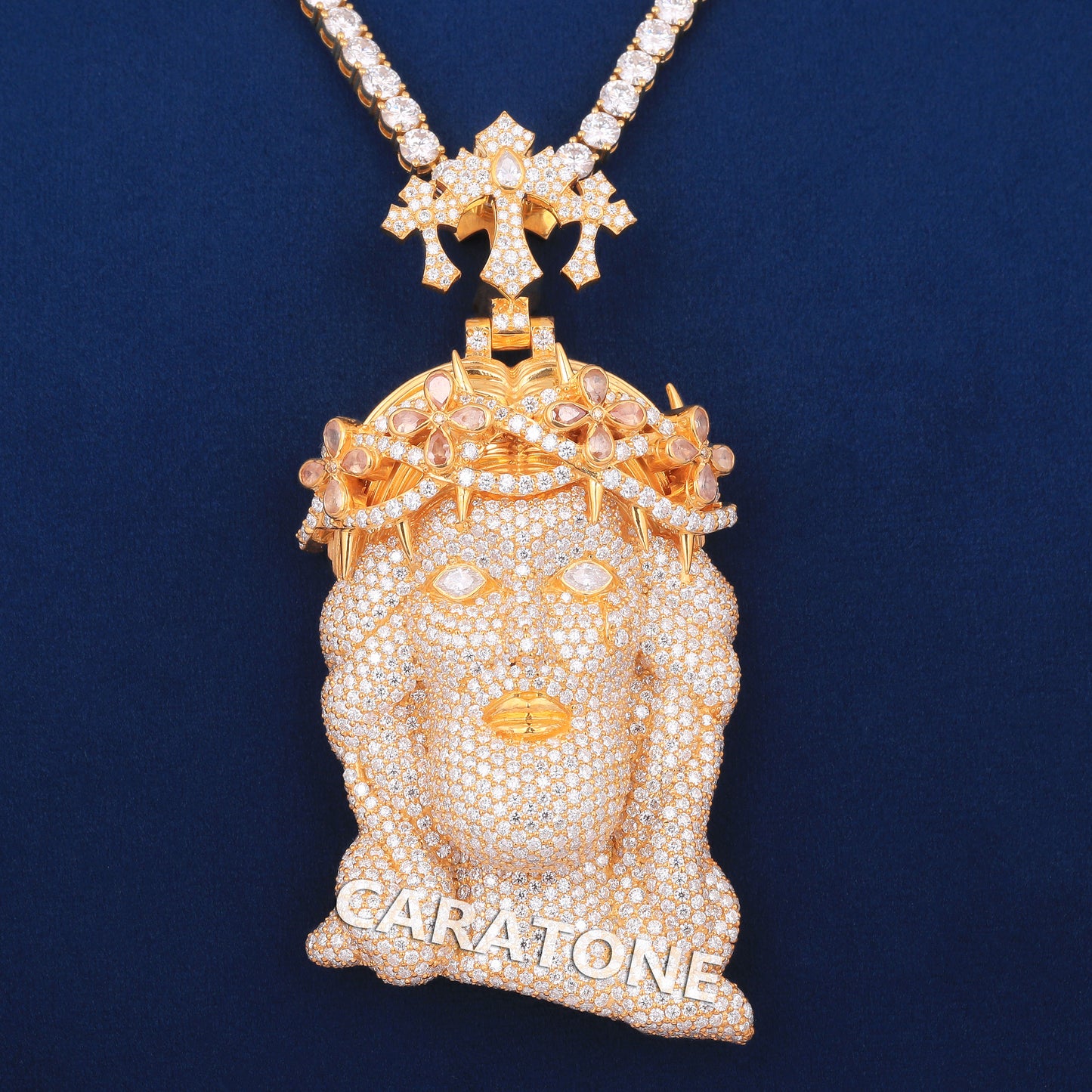 Jesus Custom Piece With 4 MM Tennis Neckalce In 14kt Gold With Lab Diamond