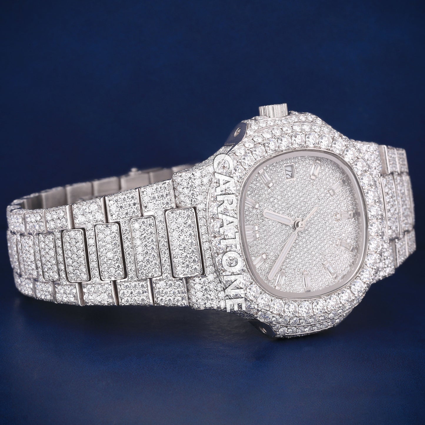 Full iced out hip hop custom made branded watch in white tone with D VVS clarity