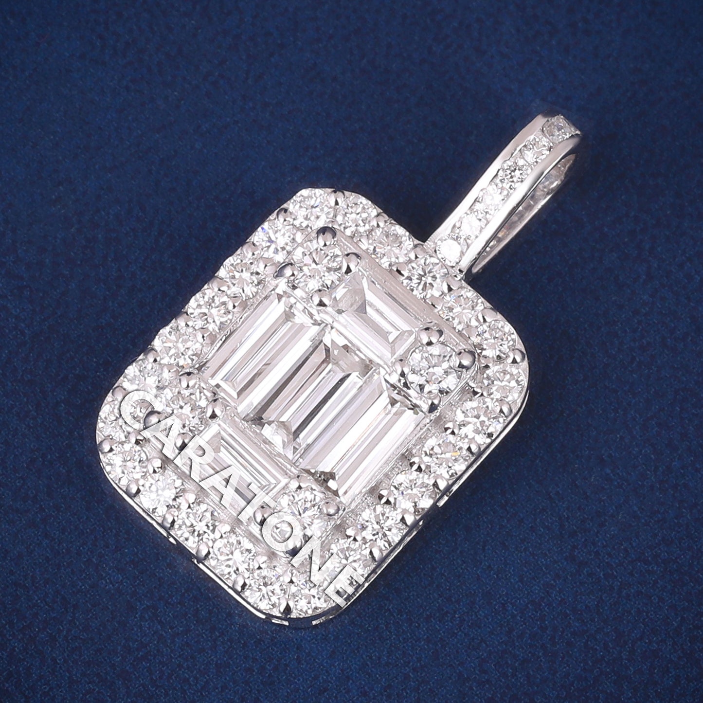 Luxurious 925 Sterling Silver Pendants Necklace with Baguette Diamond Halo Design Small Pendant Necklaces