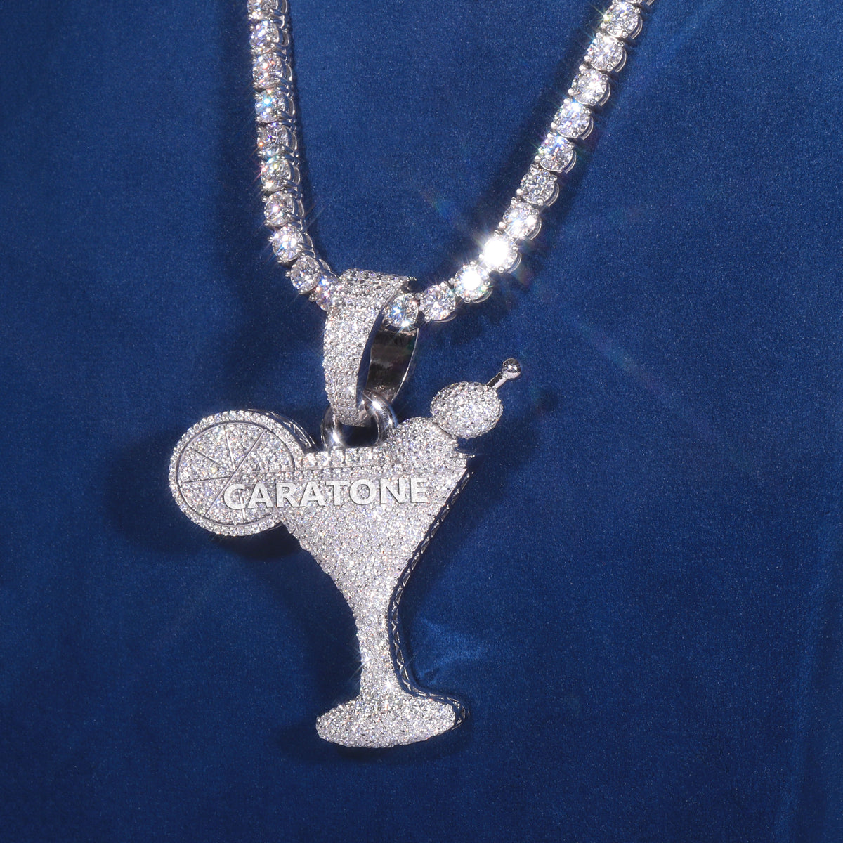 Luxury Diamond Tennis Chain with Cocktail Glass Pendant in White Gold, Iced Out Hip Hop Jewelry, Unique Designer Necklace for Men