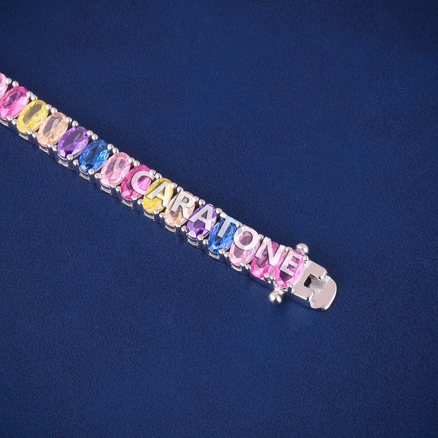 Luxury Custom Multicolor Oval Cut Diamond Tennis Bracelets for Women Fully Iced Out Silver Rainbow Multi Sapphire Tennis Bracelet
